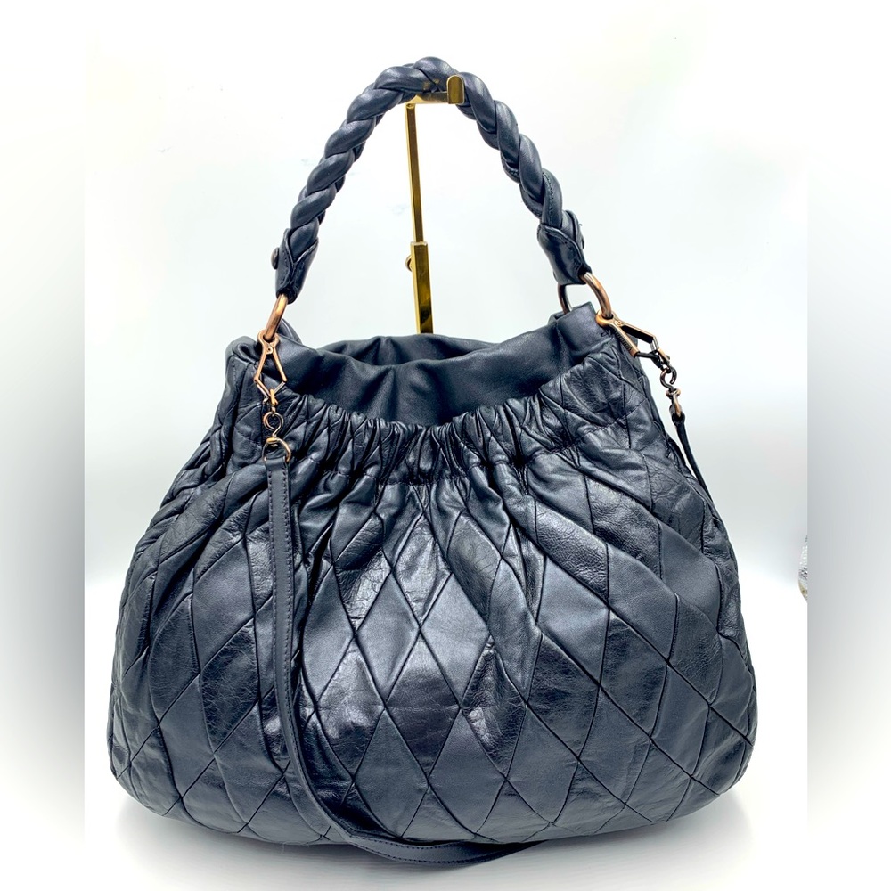 Miu Miu Anthracite Glazed Quilted Leather Harlequin Hobo Bag Auth Vintage